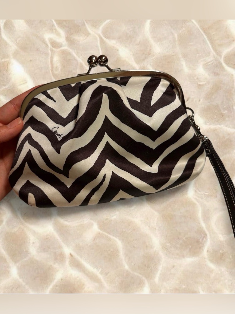 Y2K Coach Zebra-Print Kiss-Lock Coin Clutch Wristlet in Brown and White